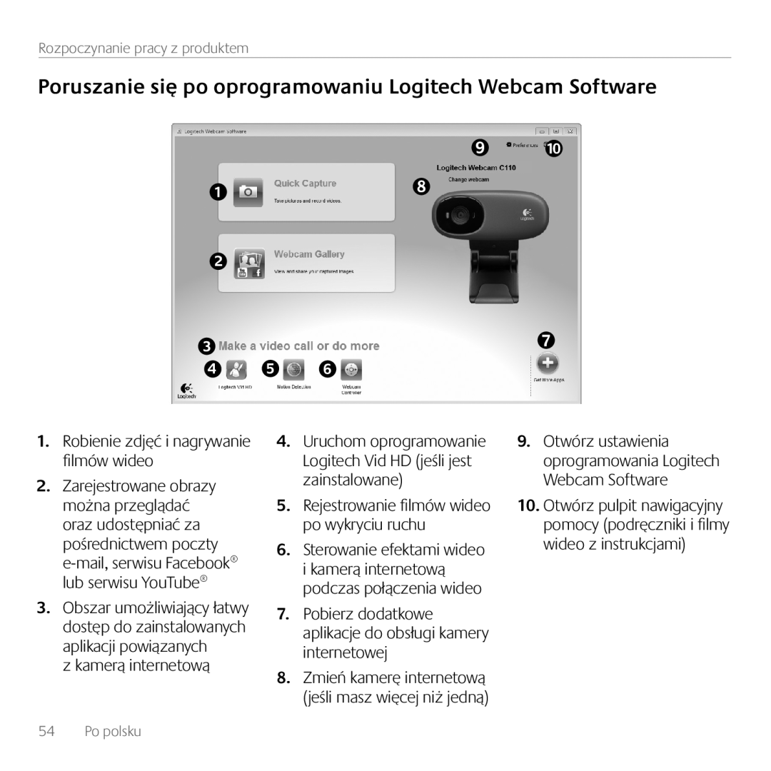 Logitech C170 manual Poruszanie się po oprogramowaniu Logitech Webcam Software, z kamerą internetową, Po polsku 
